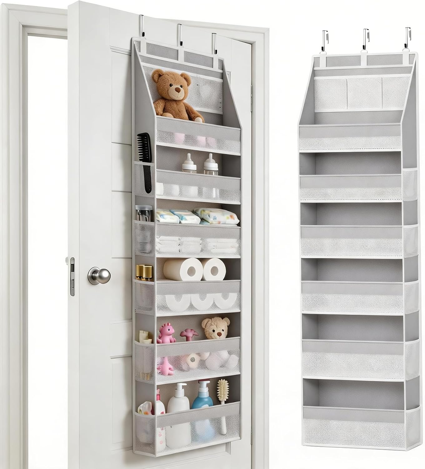 KMSCO Over The Door Organizer, 6 Large Pockets + 13 Mesh Side Pockets, Hanging Storage, 55lbs Capacity, Heavy Duty Non-Woven Fabric for Baby Nursery, Bathroom, Pantry, Closet, Beige, 1 Pack