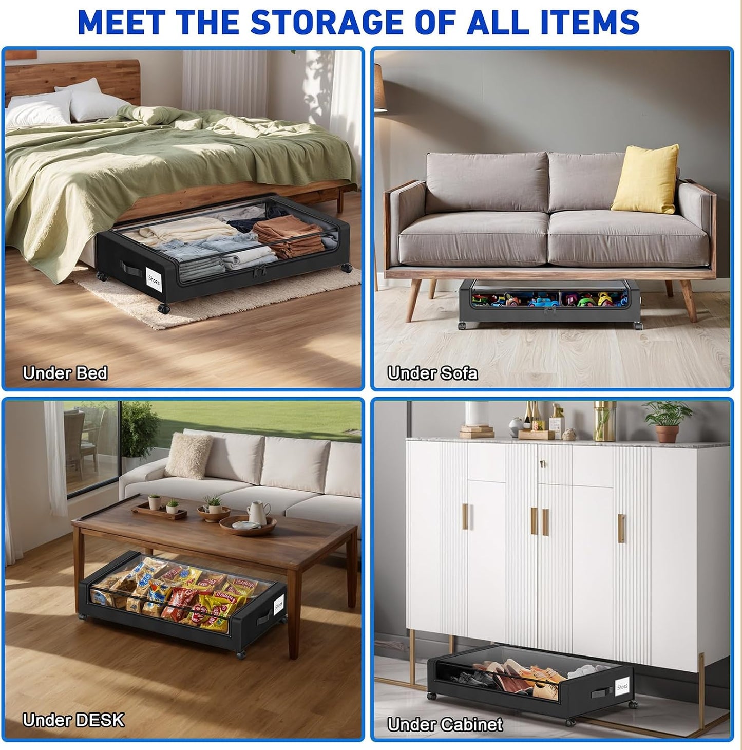 Beborxue Under Bed Storage with Wheels, 4-Pack Under Bed Storage Containers with Clear Lids, XXL 60L Under Bed Shoe Storage Organizer, Rolling Underbed Storage for Clothes, Shoes, Blankets (Beige)