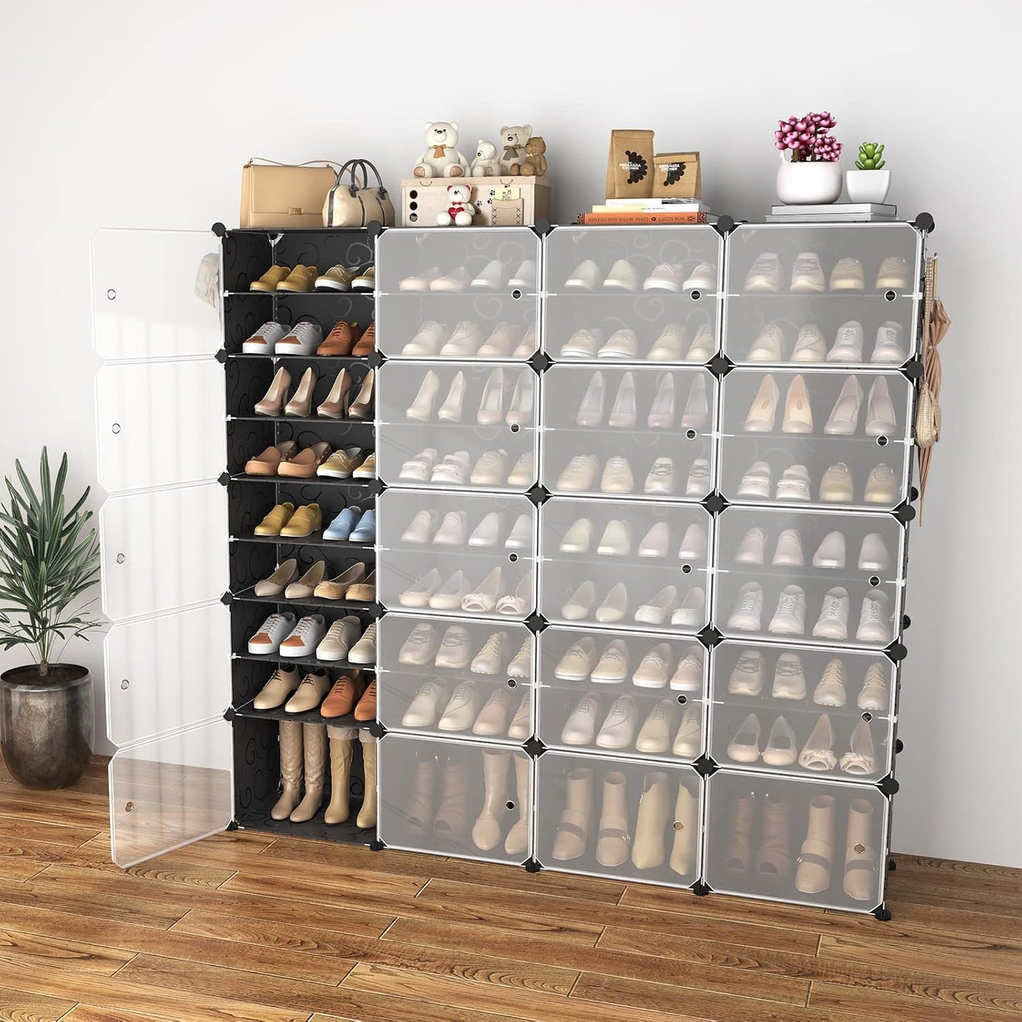 Portable Shoe Rack Organizer with Door, 96 Pairs Shoe Storage Cabinet Easy Assembly, Plastic Adjustable Shoe Storage Organizer Stackable Detachable Free Standing DIY Expandable 12 Tier Black