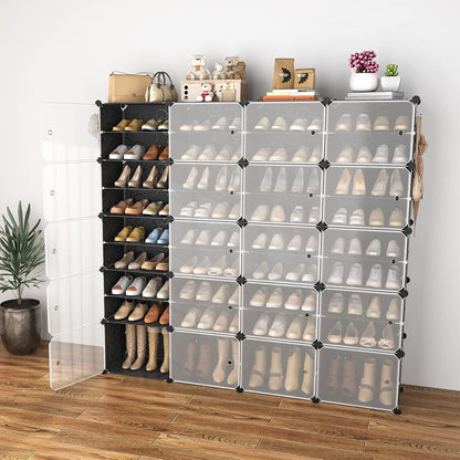 Portable Shoe Rack Organizer with Door, 96 Pairs Shoe Storage Cabinet Easy Assembly, Plastic Adjustable Shoe Storage Organizer Stackable Detachable Free Standing DIY Expandable 12 Tier Black