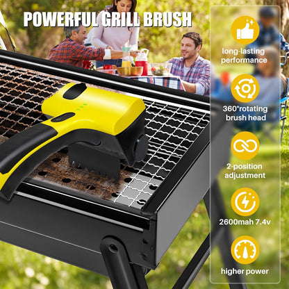 2 in 1 Electric Grill Brush, 2600mAh Rechargeable Barbecue Grill Cleaner with 2 Brush Heads, 360° Rotating Cleaning Brush Grill Accessories