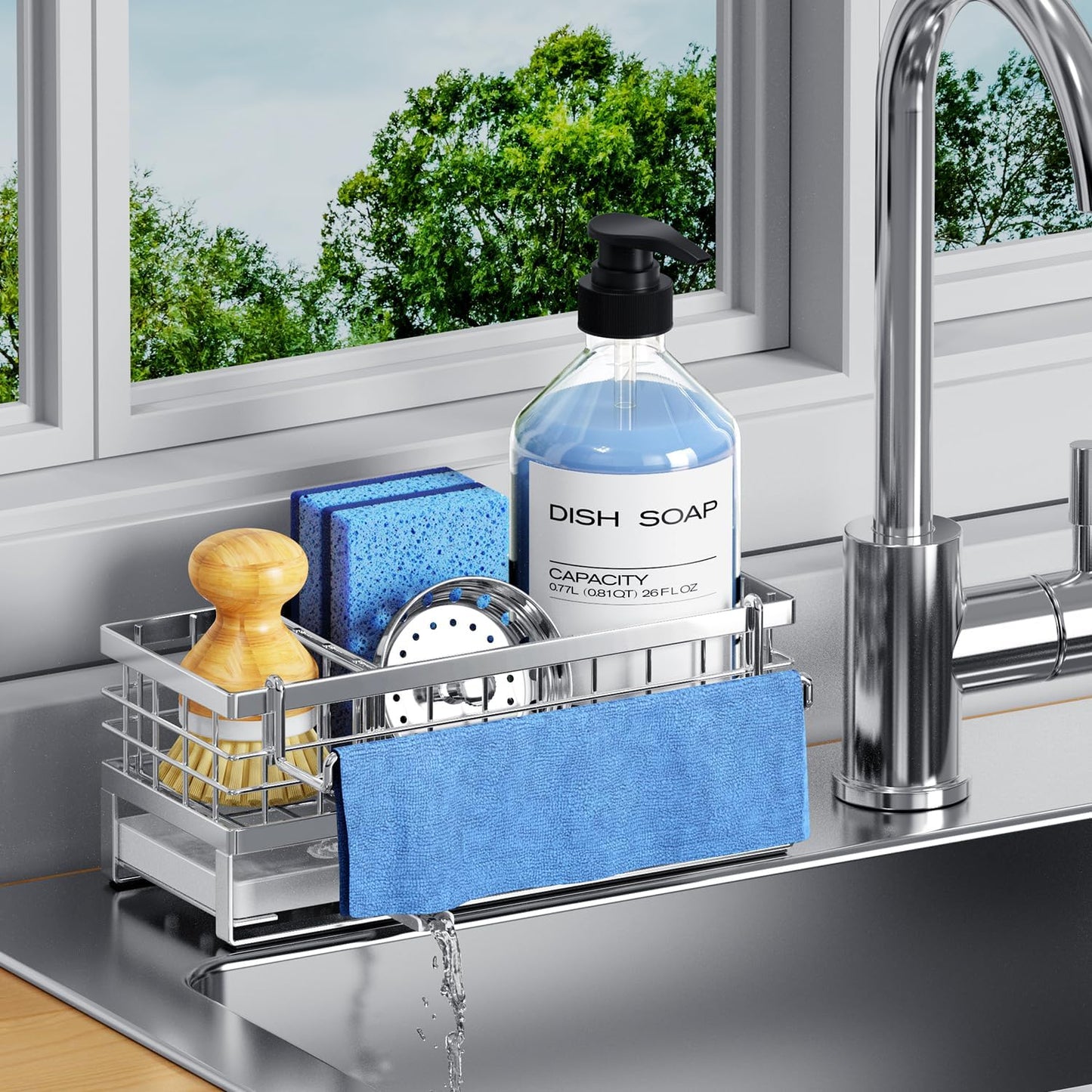 Kitchen Sink Sponge Holder, Rustproof Non-Slip Self-Draining Metal Sink Caddy with Detachable Dish Cloth Holder (Black)