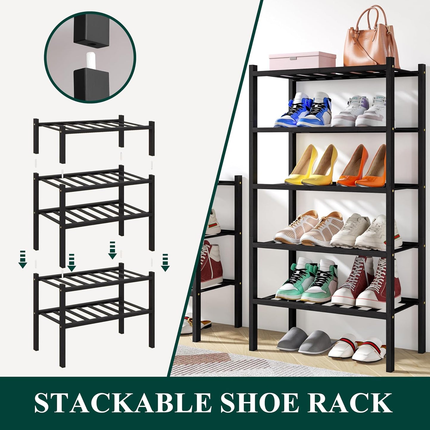 Smiry Bamboo Shoe Rack, 3 Tier Free Standing Wooden Shoe Organizer, Stackable Wood Shoe Storage Shelf for Closet, Entryway, 12 Vertical Slats, 2+1 Stack Standard Legs, 26.8"x11"x19.5", Natural