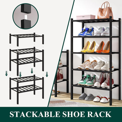 Smiry Bamboo Shoe Rack, 3 Tier Free Standing Wooden Shoe Organizer, Stackable Wood Shoe Storage Shelf for Closet, Entryway, 12 Vertical Slats, 2+1 Stack Standard Legs, 26.8"x11"x19.5", Natural