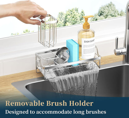 Consumest Sponge Holder for Kitchen Sink - Sink Caddy with Stainless Steel Self Drain Tray, Sink Organizer with High Brush Holder Countertop for Kitchen Sink Accessories, Black