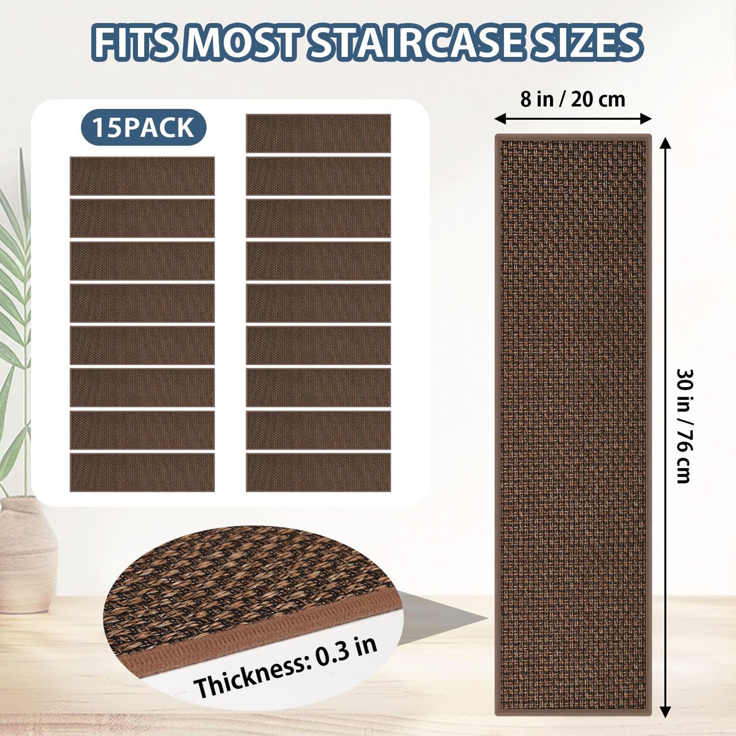 Peel and Stick Carpet Stair Treads for Wooden Steps Set of 15, Non Slip Adhesive Jute Stair Mats Indoor, Rubber Backing Safety Step Pads Mats, Grey, 8"x30"