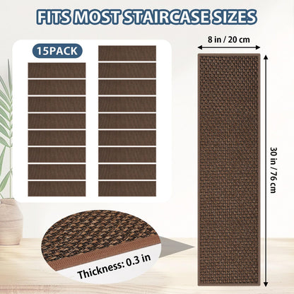 Peel and Stick Carpet Stair Treads for Wooden Steps Set of 15, Non Slip Adhesive Jute Stair Mats Indoor, Rubber Backing Safety Step Pads Mats, Grey, 8"x30"