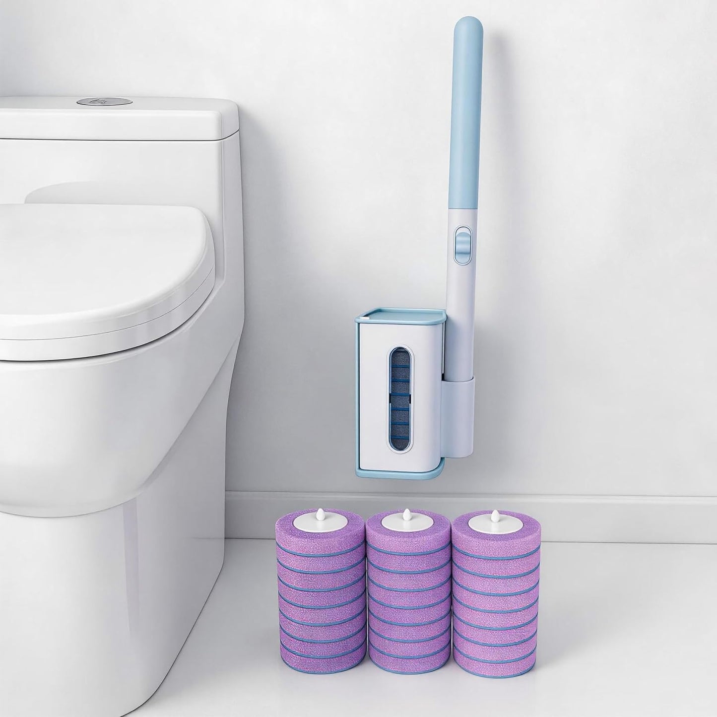 RV Toilet Brush, RV Accessories, Wall Mount Toilet Brush, 64 Toilet Refills | Hands Free Toilet Brush, One-Button Release, RV Toilet Brush and Holder Set, Compact Design, Camper Bathroom Accessories