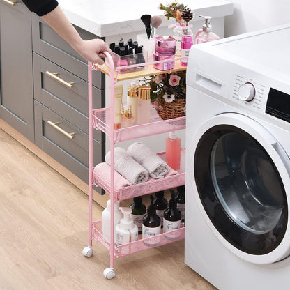 KINGRACK 4-Tier Slim Rolling Cart with Wooden Tabletop, Easy Assemble Metal Utility Cart, Slide Out Narrow Storage Cart for Narrow Space on Bedroom Bathroom Laundry Room Apartments Dormitory, Pink