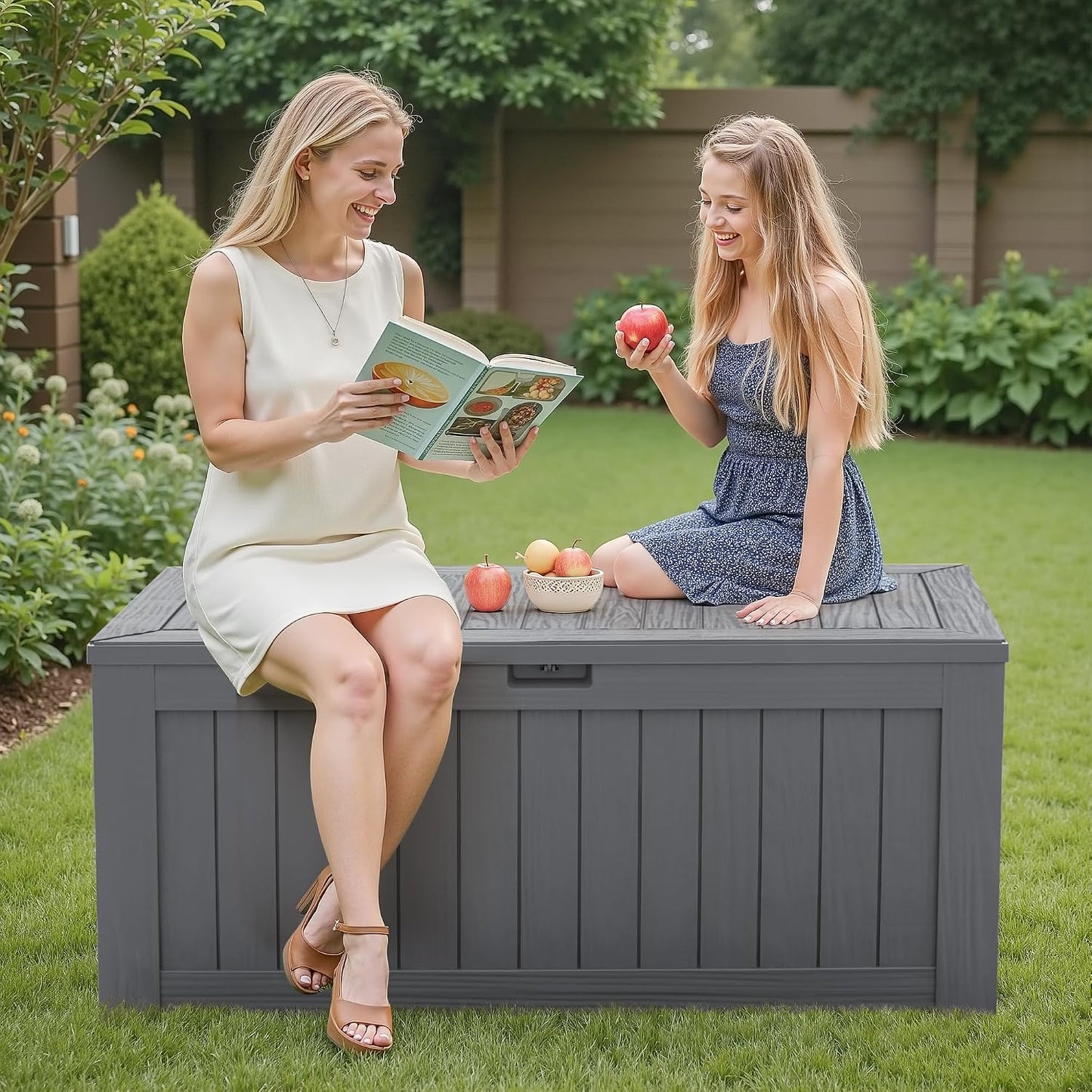 Flamaker Resin Deck Box 120 Gallon Waterproof Large Outdoor Indoor Storage Box Imitation Wood Resin for Patio Furniture Garden Tools and Pool (Black)