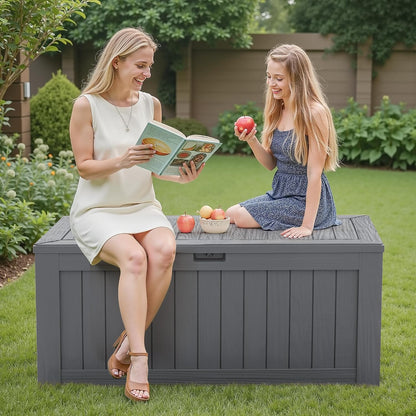Flamaker Resin Deck Box 120 Gallon Waterproof Large Outdoor Indoor Storage Box Imitation Wood Resin for Patio Furniture Garden Tools and Pool (Black)