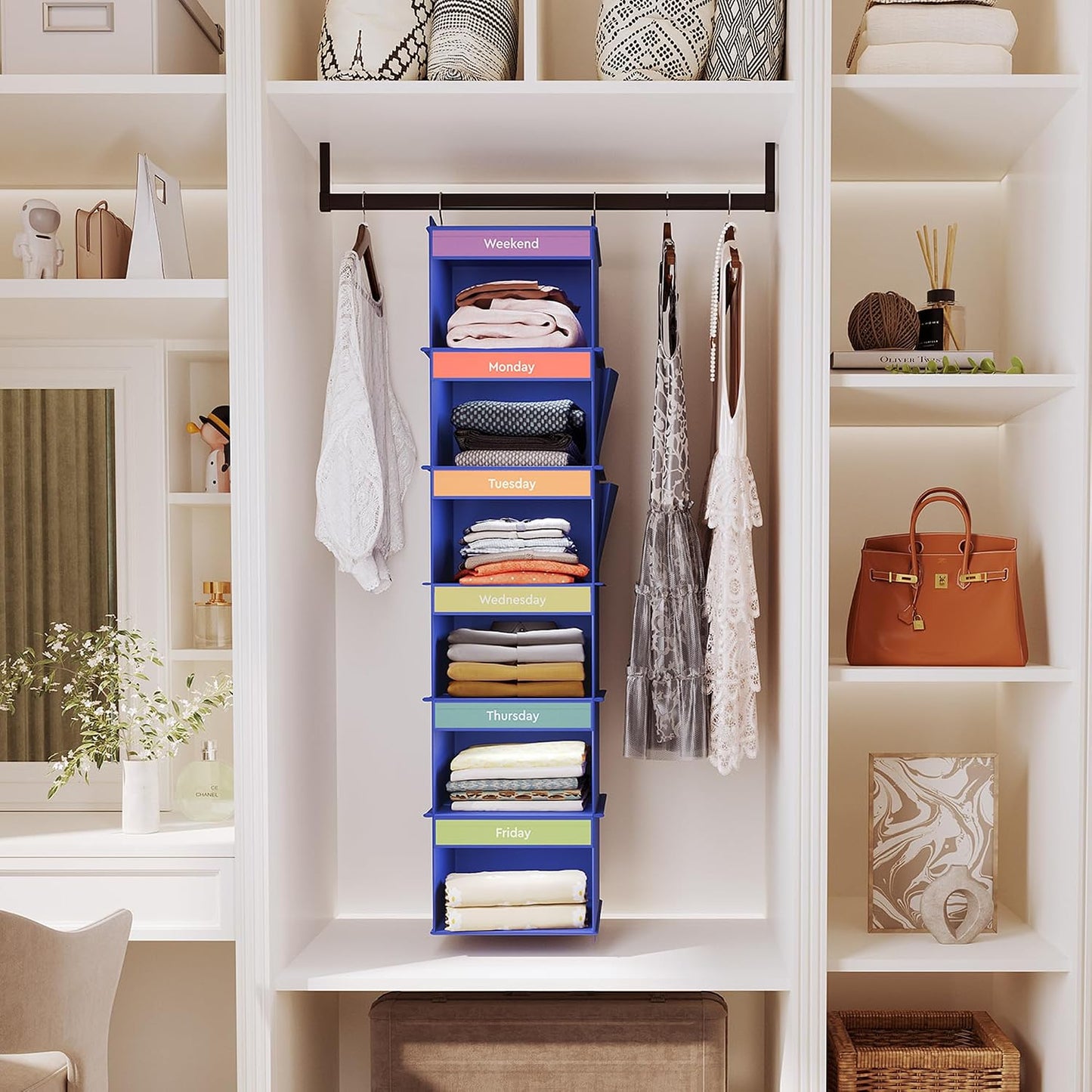 YOUDENOVA 6-Shelf Weekly Hanging Closet Organizer, Weekly Clothes Organizers for Kids with 2 Side Pockets, Pink
