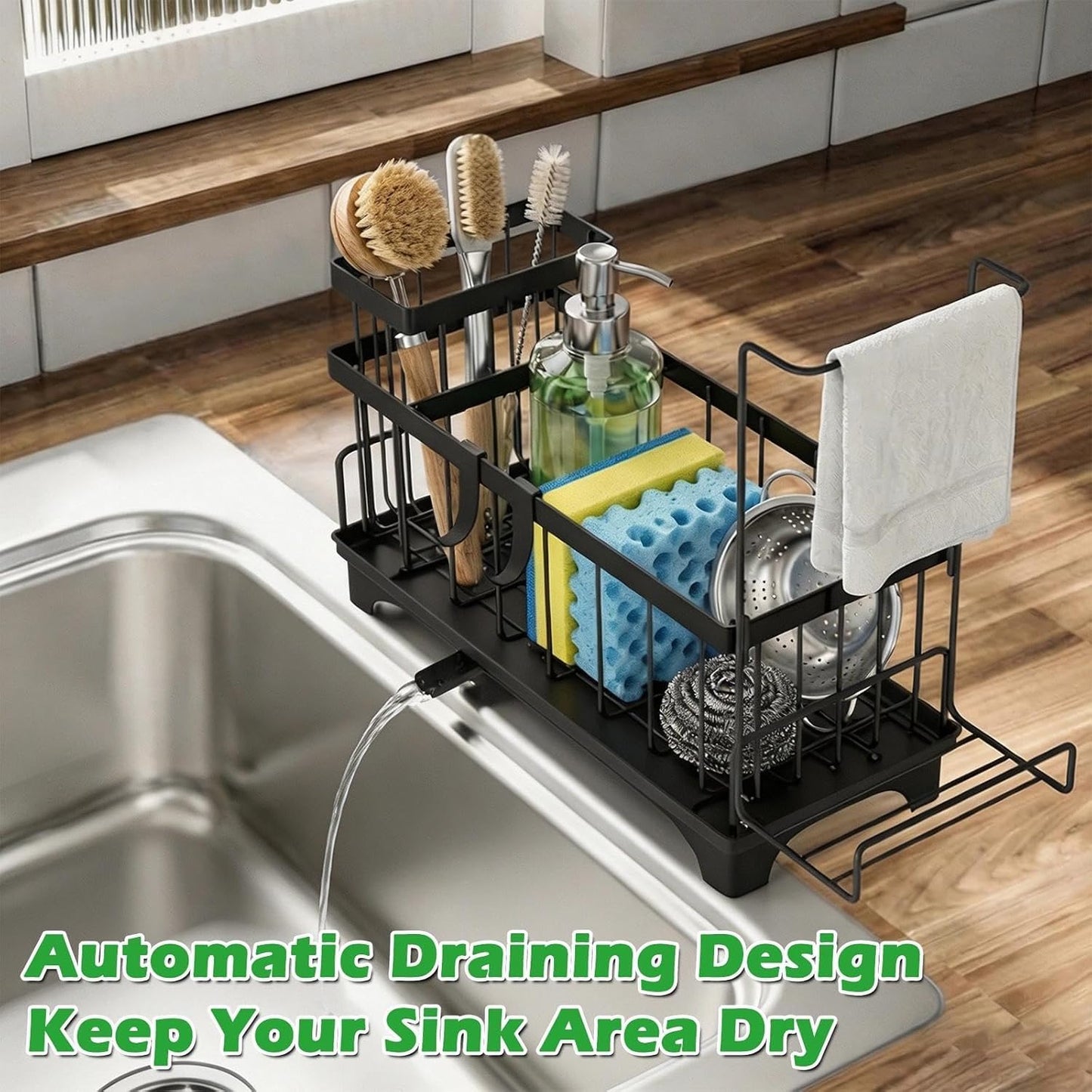 Sponge Holder for Kitchen Sink, Sink Caddy Organizer with Detachable Cloth & Brush Holder, Self-Draining Sponge Caddy Organizer with 360° Rotatable Spout, Kitchen Countertop Storage Accessories(Black)