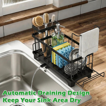 Sponge Holder for Kitchen Sink, Sink Caddy Organizer with Detachable Cloth & Brush Holder, Self-Draining Sponge Caddy Organizer with 360° Rotatable Spout, Kitchen Countertop Storage Accessories(Black)