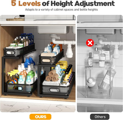 2 Pack Under Sink Organizer With Smooth Cylindrical Rail,2-Tier Pull Out Multi-Purpose Cabinet Storage for Bathroom&Kitchen,Height Adjustable,Rust-resistant Coating-White