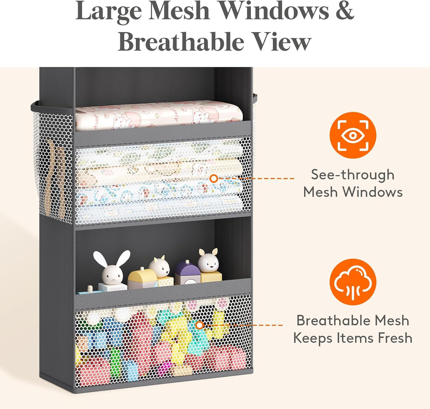 Lifewit 4 Tier Over the Door Diaper Organizer for Nursery, Large Heavy Duty Hanging Storage with 4 Mesh Side Pockets, Sturdy Back of Door Shelf for Baby Stuff Toy in Pantry, Laundry, Bathroom, Gray