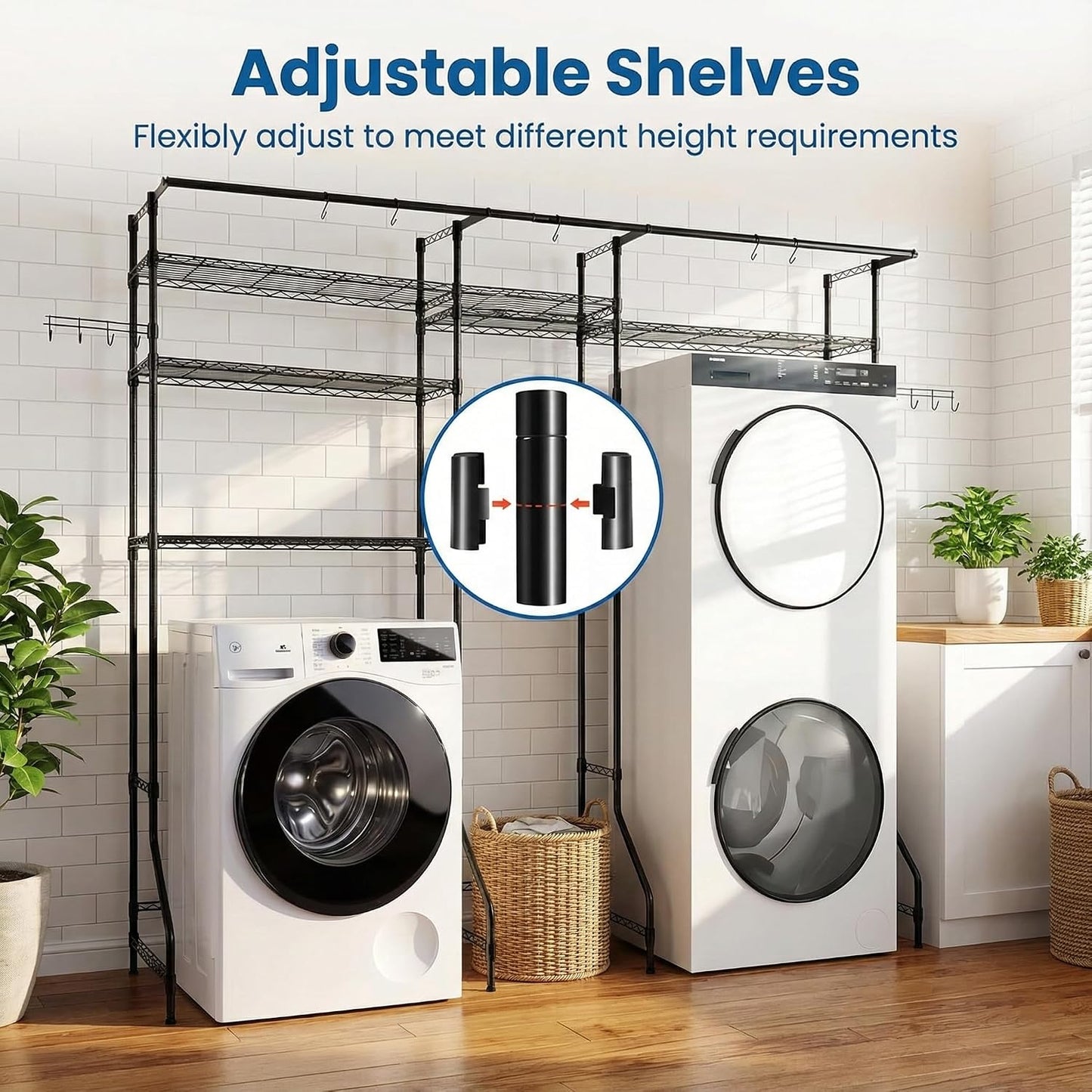 Over the Washer and Dryer Storage Shelf, 6-Tier Laundry Room Organizer with Hanging Rod & Hooks, Adjustable Heavy Duty Carbon Steel Space Saver Rack, Fits Most Washers and Dryers, Black (White)