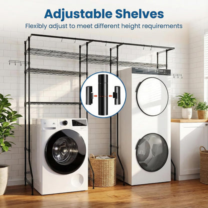 Over the Washer and Dryer Storage Shelf, 6-Tier Laundry Room Organizer with Hanging Rod & Hooks, Adjustable Heavy Duty Carbon Steel Space Saver Rack, Fits Most Washers and Dryers, Black (White)