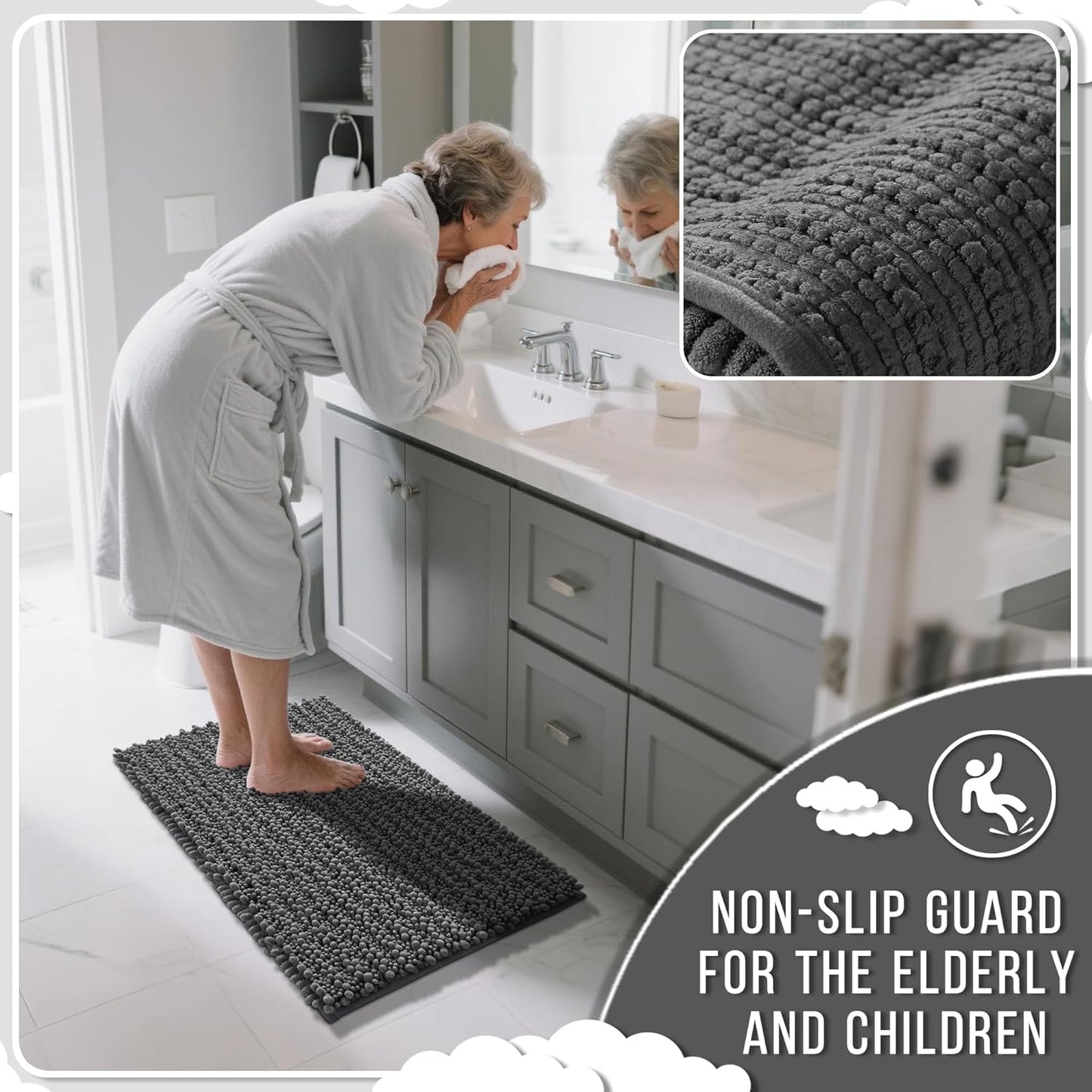 Yimobra Bathroom Rugs Non Slip Washable - Ultra Soft Absorbent Chenille Bath Mat, Quick Dry Shaggy Floor Carpet for Tub Shower, Gray Home Decor Accessories, 24x17 Inch