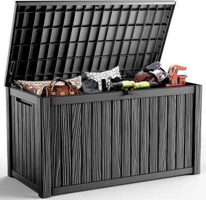 ROJIK 340 Gallon Deck Box Outdoor Waterproof,Weatherproof Outdoor Storage Boxes Lockable with Lid,Outside Resin Storage Bench for Patio Cushions,Garden Tools and Pool Accessories(Black)