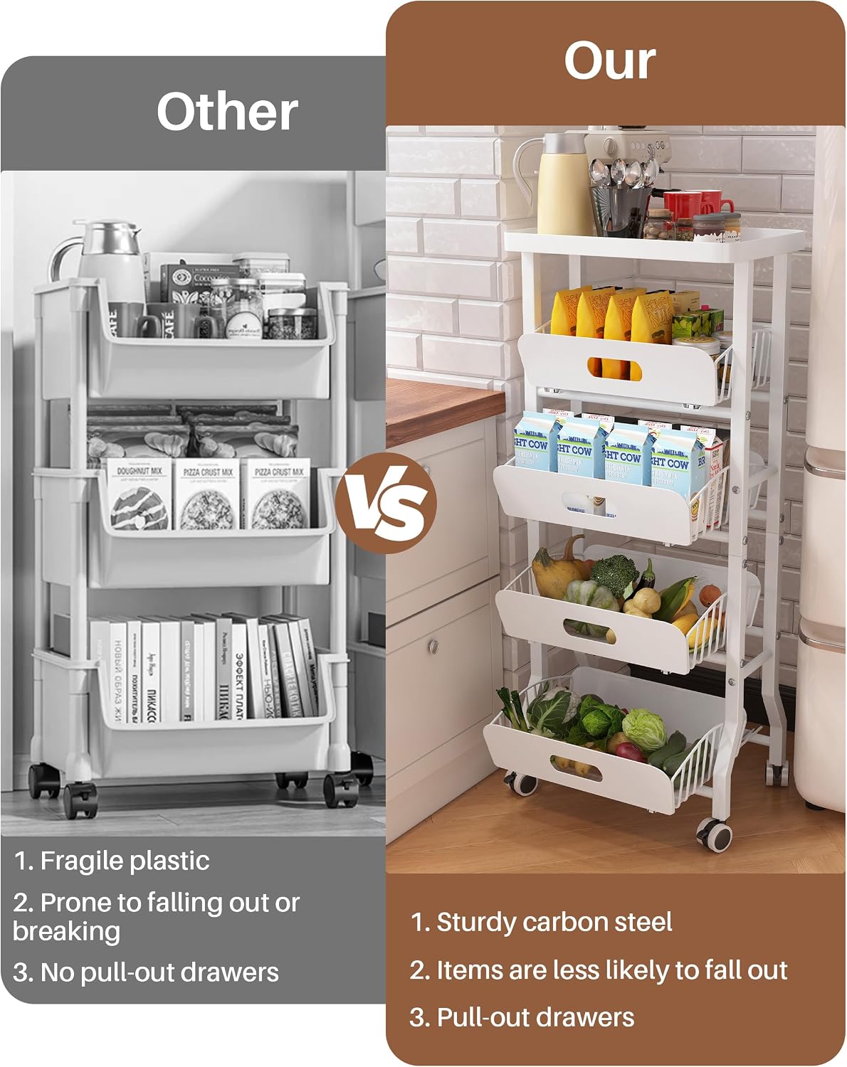 4 Tier Slim Fridge Side Cart with Slide Track Pull Out Baskets, Rolling Metal Kitchen Gap Storage Trolley
