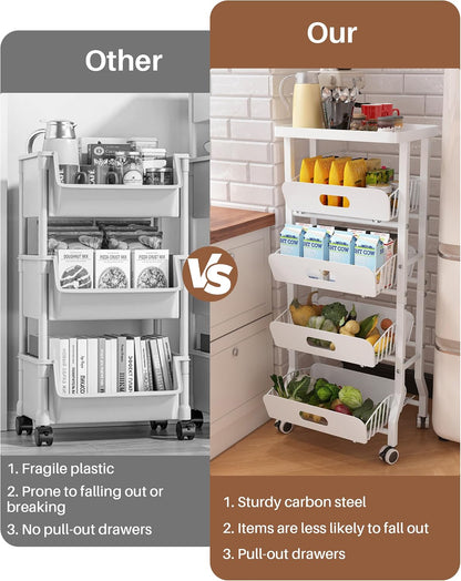 4 Tier Slim Fridge Side Cart with Slide Track Pull Out Baskets, Rolling Metal Kitchen Gap Storage Trolley