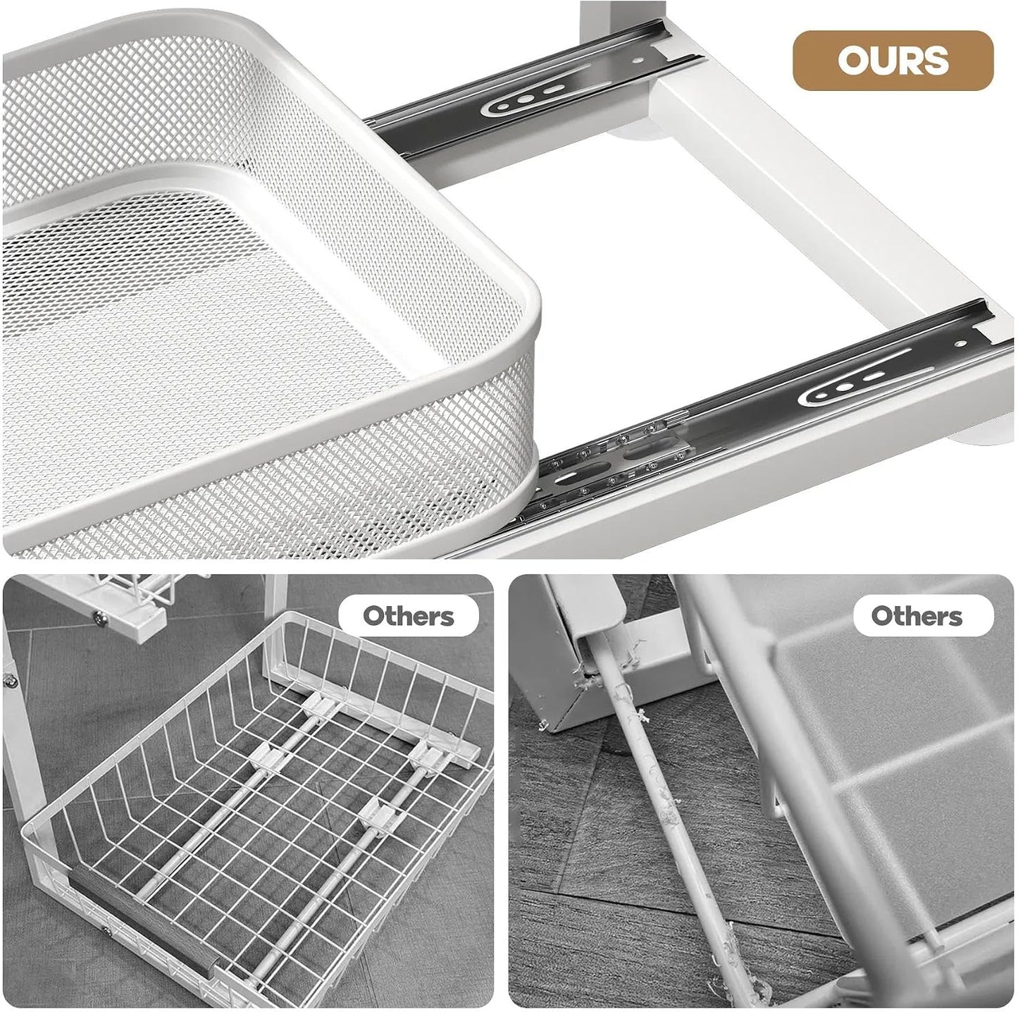 2-Pack Under Sink Storage Organizer with 2-Tier Slide Out Drawer, Sophisticated Mesh Pull Out Shelf for Kitchen & Bathroom, Fits Small Items, Upgraded Arched Track for Smooth Gliding(Patented)