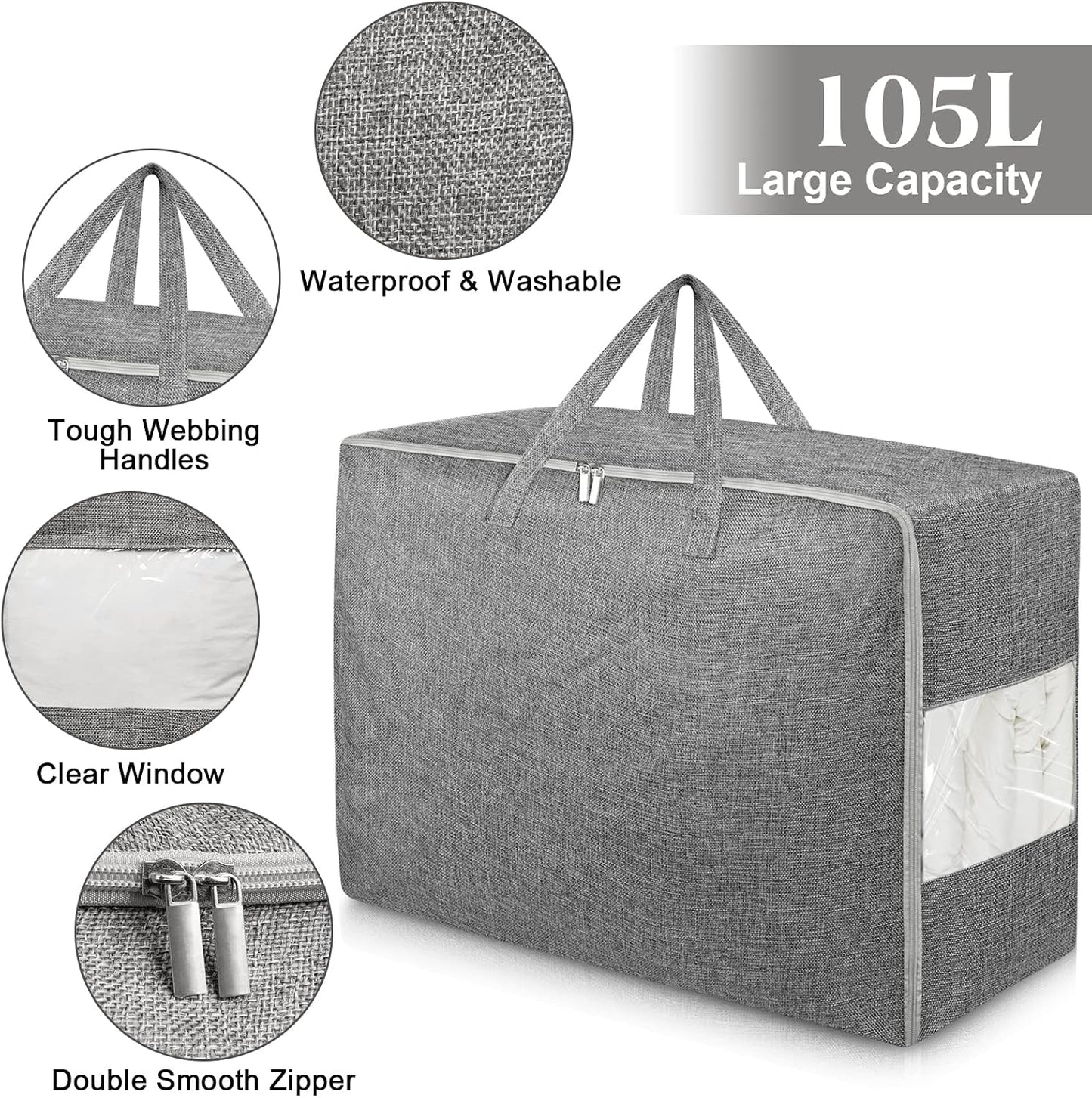 105L Extra Large Storage Bags, Folding Moving Comforter Blanket Storage Bags Closet Organizers and Storage Containers for Clothes with Strong Handles&Zippers Clear Window for Bedding Pillow Grey 2Pack