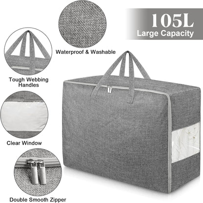 105L Extra Large Storage Bags, Folding Moving Comforter Blanket Storage Bags Closet Organizers and Storage Containers for Clothes with Strong Handles&Zippers Clear Window for Bedding Pillow Grey 2Pack