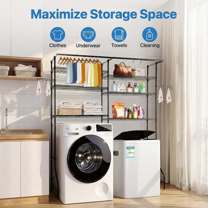 Over the Washer and Dryer Storage Shelf, 6-Tier Laundry Room Organizer with Hanging Rod & Hooks, Adjustable Heavy Duty Carbon Steel Space Saver Rack, Fits Most Washers and Dryers, Black (White)