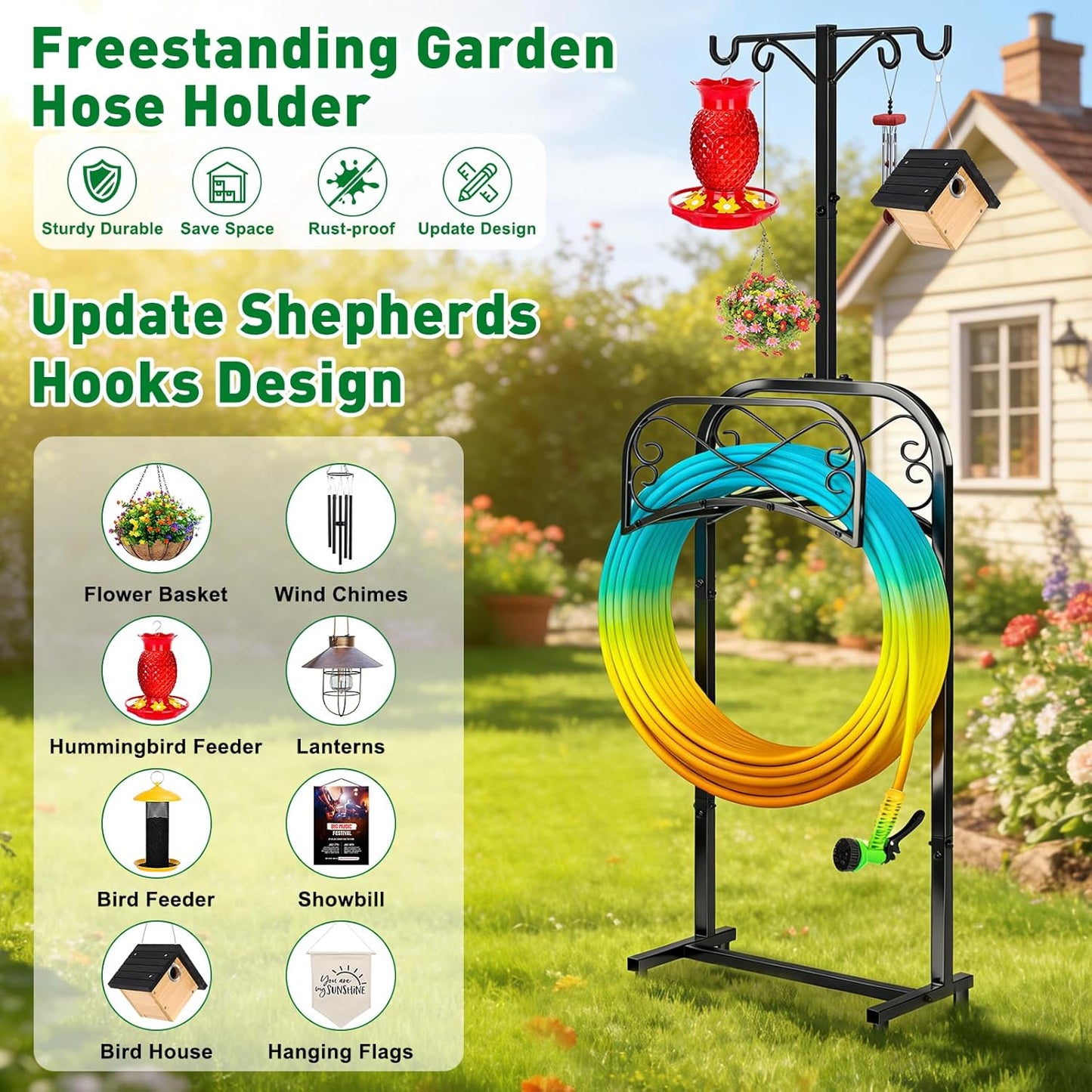 Gtongoko Garden Hose Holder for Outside 43" Heavy Duty Freestanding Water Hose Holder with 4 Stable Spikes Metal Hose Stand Holds Up to 150FT Hose & 44LB Detachable Hose Storage for Yard Lawn Patio