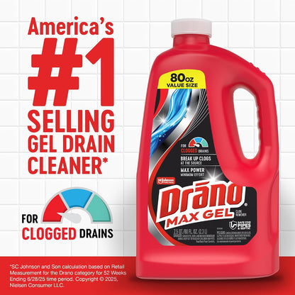 Drano Max Gel Drain Clog Remover & Cleaner, Fast-Acting to Unclog Standing Water & Remove Hair, Grease & Food Blockages, Safe for all Pipes & Septic, Kitchen Sinks, Bathroom Showers & Tubs, 32 Oz