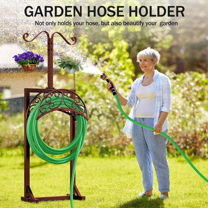 Garden Hose Holder for Outside - Upgraded Water Hose Holders with 5 Spikes & 2 Shepherds Hooks, Freestanding Hose Stand Heavy Duty Hose Hanger Hose Storage Hose Reel Rack for Outside Yard Lawn
