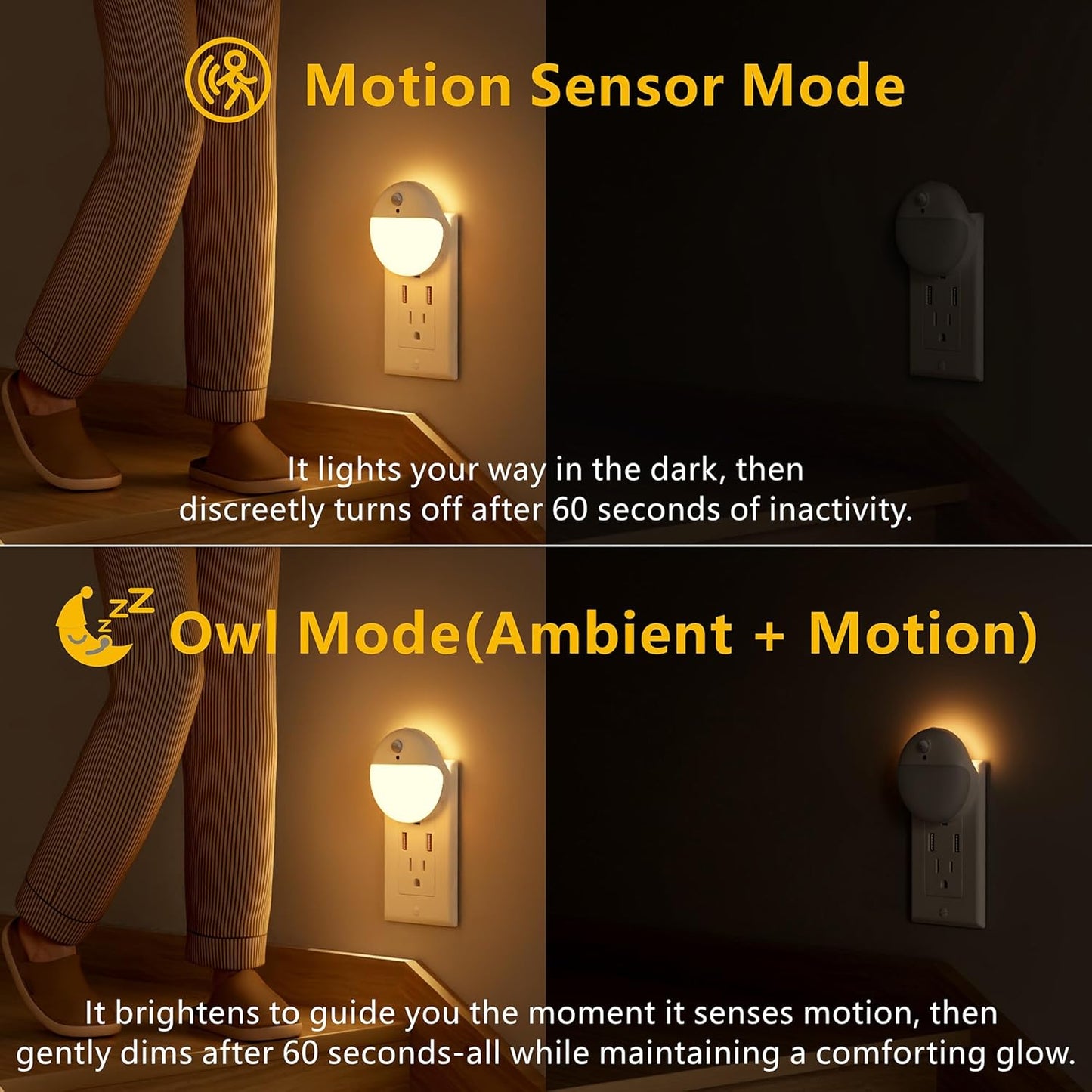 YUNLEX 2 Pack Plug in Night Light with Motion Sensor and Dusk to Dawn Sensor, Stepless Dimming, Warm White LED Nightlight with 3 Lighting Ways for Bathroom, Bedroom, Kitchen, for Kids, Adults