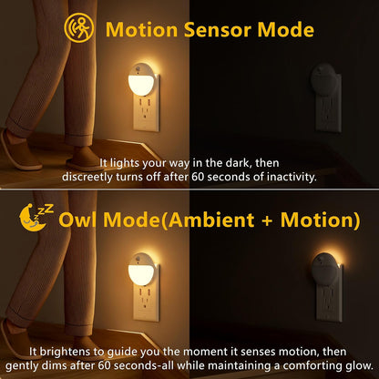 YUNLEX 2 Pack Plug in Night Light with Motion Sensor and Dusk to Dawn Sensor, Stepless Dimming, Warm White LED Nightlight with 3 Lighting Ways for Bathroom, Bedroom, Kitchen, for Kids, Adults