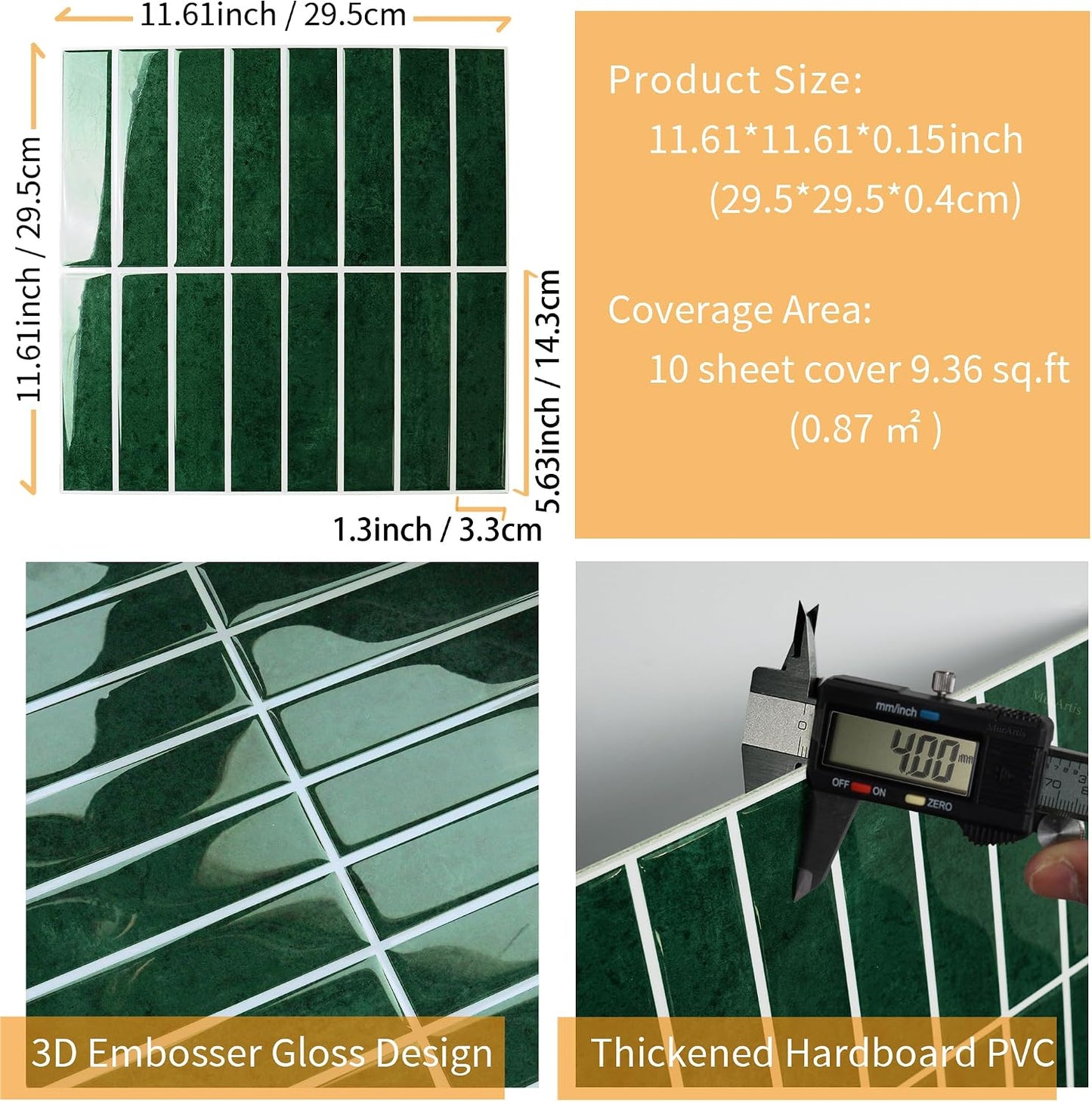 Peel and Stick Backsplash Tiles for Kitchen Bathroom - 10 Sheets 11.61" x 11.61" 3D Self Adhesive Wall Tiles Waterproof Hard PVC Ceramic Tile Easy DIY Installation Green