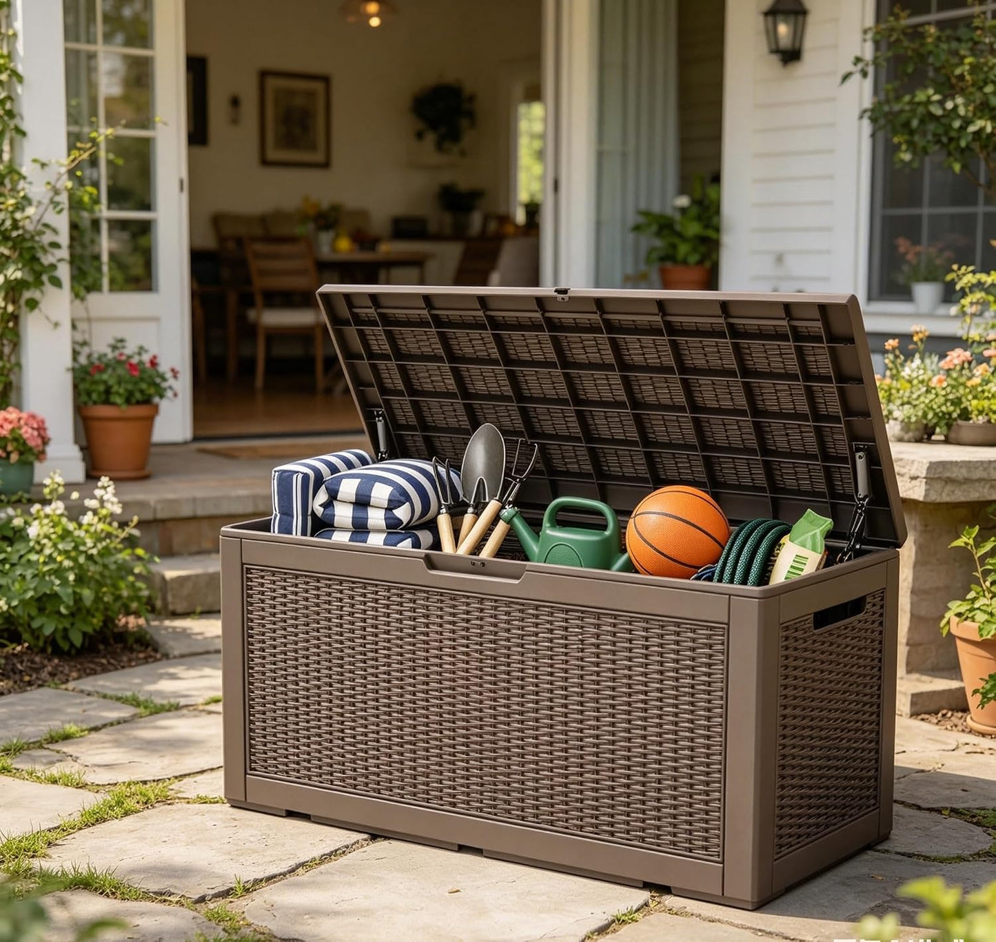 LAUSAINT HOME 320 Gallon Resin Deck Box, Package Delivery Box with Lockable Lid, Waterproof Outdoor Storage Box For Garden Tools, Patio Cushions(320 Gallon,Black)
