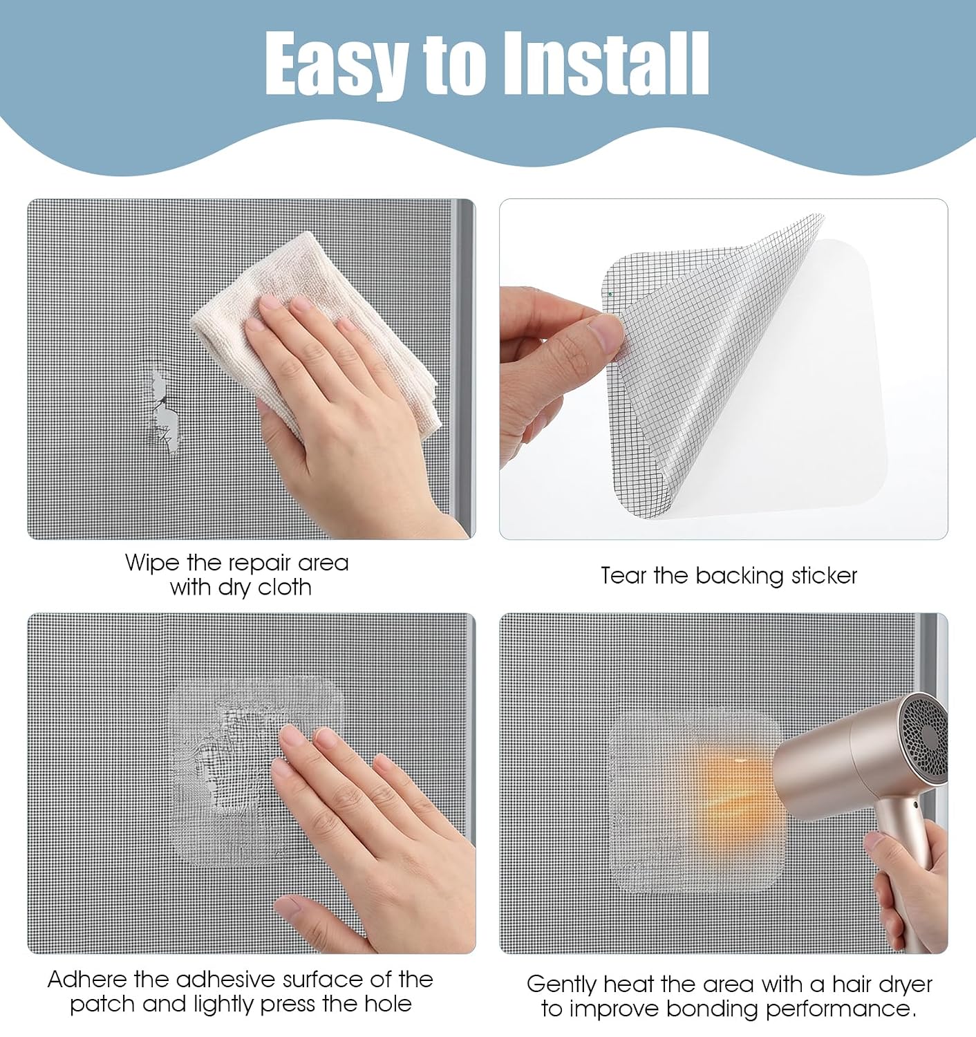20 Pcs Screen Patches Self Adhesive, 4 x 4 Inches Stainless Steel Screen Repair Patches Kit for Window & Door Tears, Silver Rustproof Mesh Tape