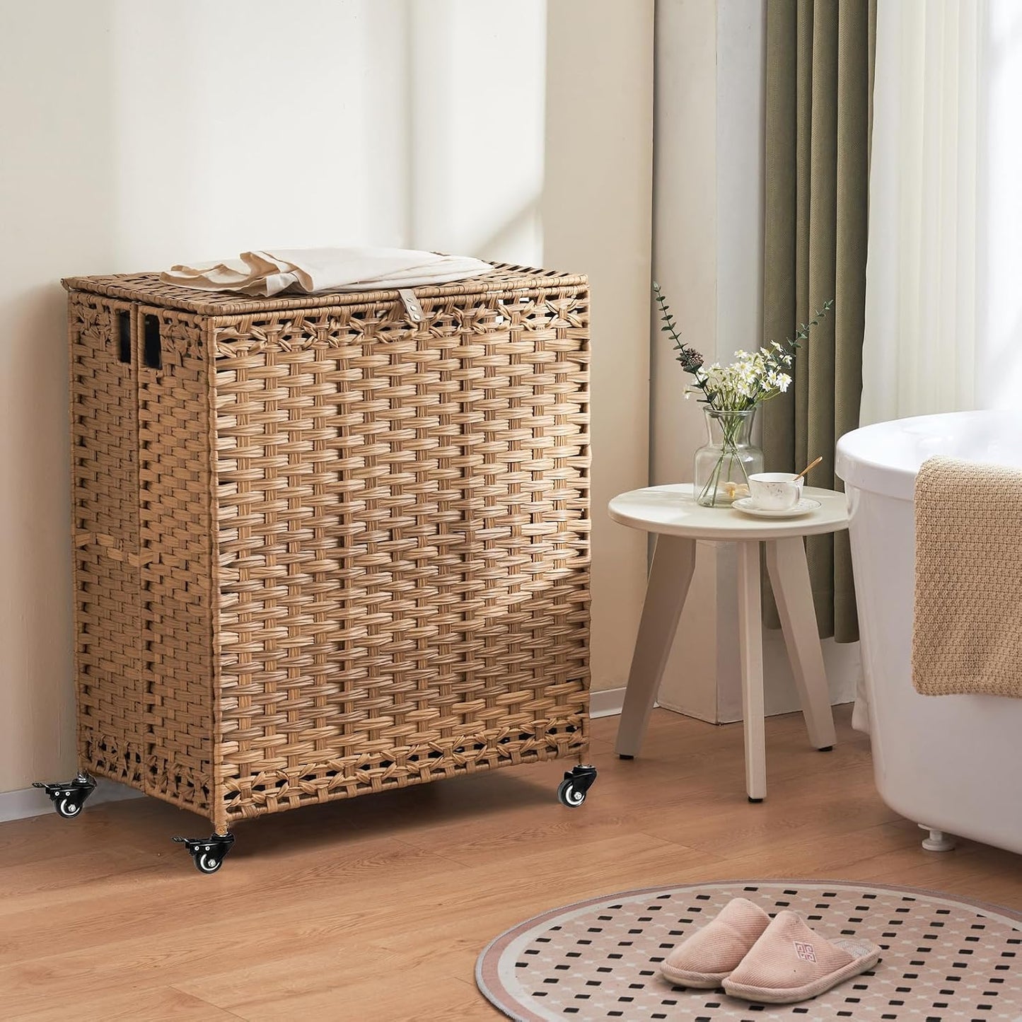 Laundry Hamper with Wheels&Lid, 50.2 Gallons(190L) Rolling Laundry Basket with Wheels, 3-Section Laundry Hamper, Handwoven Rattan Clothes Hamper with 6 Removable Liner& 3 Mesh Laundry Bags, Grey
