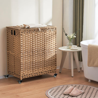 Laundry Hamper with Wheels&Lid, 50.2 Gallons(190L) Rolling Laundry Basket with Wheels, 3-Section Laundry Hamper, Handwoven Rattan Clothes Hamper with 6 Removable Liner& 3 Mesh Laundry Bags, Grey