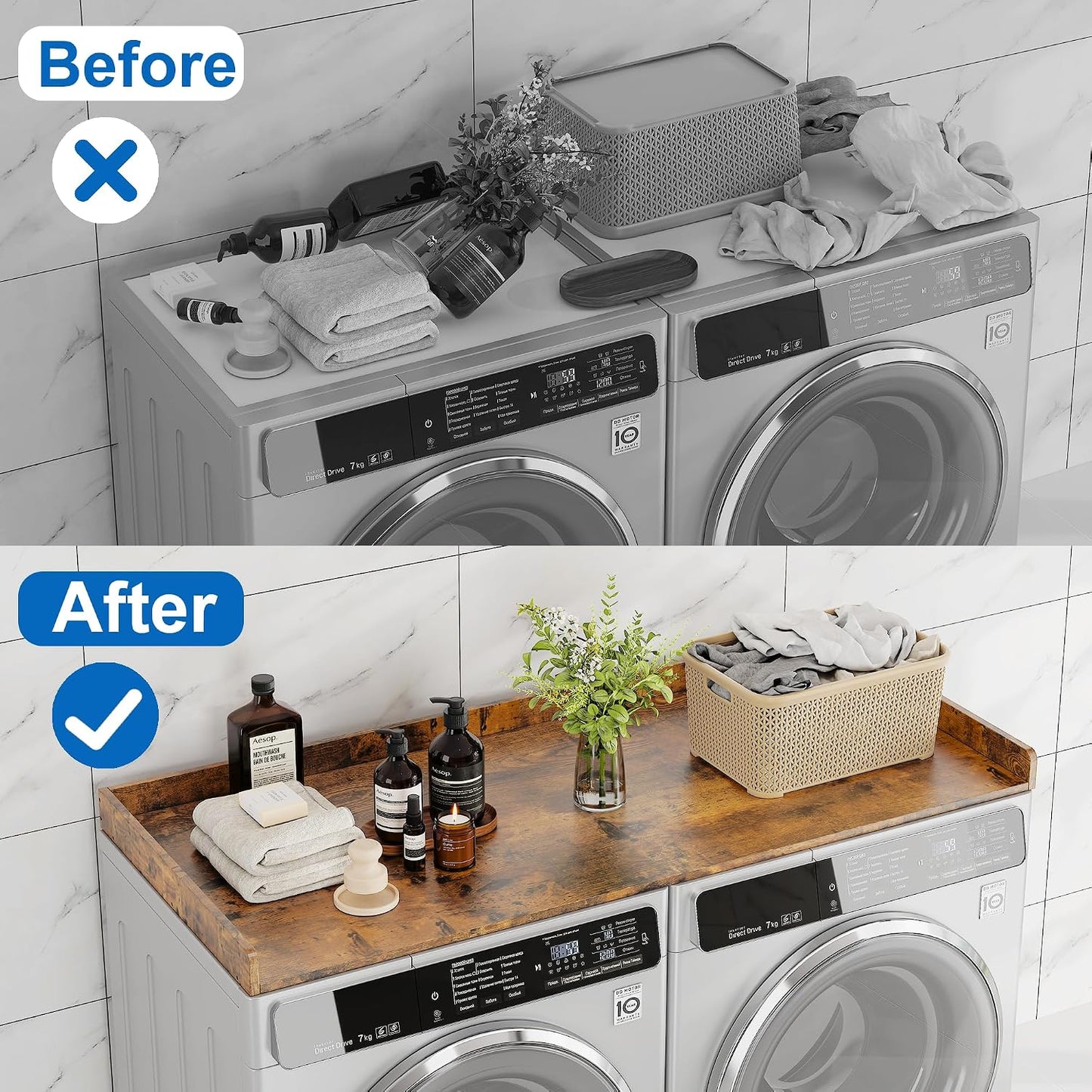 efluky Washer Dryer Countertop, Wood Countertop with Edge Rails for Laundry Room Organization and Storage, Washer Dryer Topper for Laundry Room, 27.5" x 54" Black