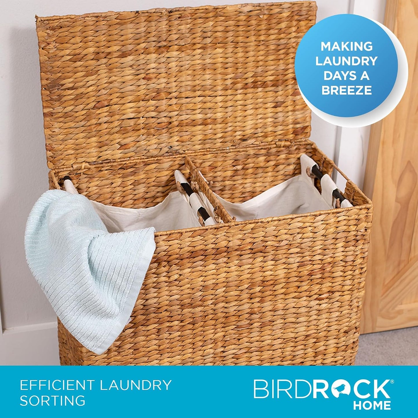BirdRock Home Water Hyacinth Laundry Hamper Divided Interior (Espresso) | Eco-Friendly | Made of Hand Woven Hyacinth Fibers | Includes Two Removable Cotton Liners Bag | Wicker Laundry Basket with Lid