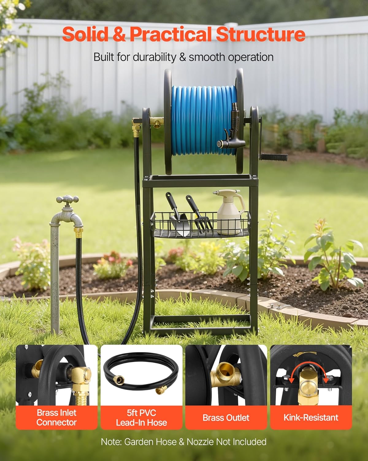 VEVOR Wall Mounted Garden Hose Reel, Holds 125 ft 5/8-inch Hose, Heavy-Duty Water Hose Winder, Space-Saving Design, Outdoor Manual Reel with Brass Fitting and Storage Basket for Yard Lawn