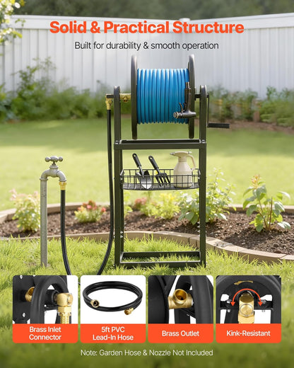 VEVOR Wall Mounted Garden Hose Reel, Holds 125 ft 5/8-inch Hose, Heavy-Duty Water Hose Winder, Space-Saving Design, Outdoor Manual Reel with Brass Fitting and Storage Basket for Yard Lawn