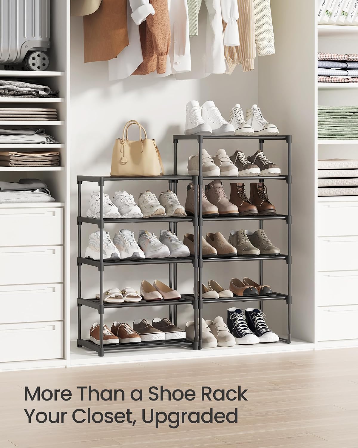 SONGMICS Shoe Rack, 6-Tier Shoe Organizer, Metal Storage Shelf, Upright or Upside Down, for 24-30 Pairs, Stackable, for Entryway, 11.8 x 36.2 x 42.7 Inches, Black ULSA306BH01