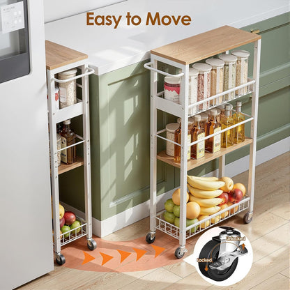 Slim Storage Rolling Cart, 4 Tier Narrow Cart with Wheels, Metal Kitchen Rolling Cart for Small Spaces, Slide Out Storage Shelves for Kitchen, Laundry Room, Bathroom, Living Room, 7.1in(W)
