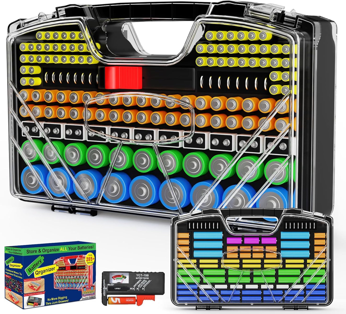 Battery Organizer Storage Holder Box Case with Tester, New Ultra-Large 285+Batteries Double-Sided Variety Pack, Holds AA AAA 4A C D Button Cell 9V 3V Lithium18650 CR2 CR123 CR1632 LR44 (Red)