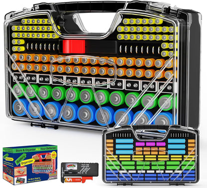 Battery Organizer Storage Holder Box Case with Tester, New Ultra-Large 285+Batteries Double-Sided Variety Pack, Holds AA AAA 4A C D Button Cell 9V 3V Lithium18650 CR2 CR123 CR1632 LR44 (Red)
