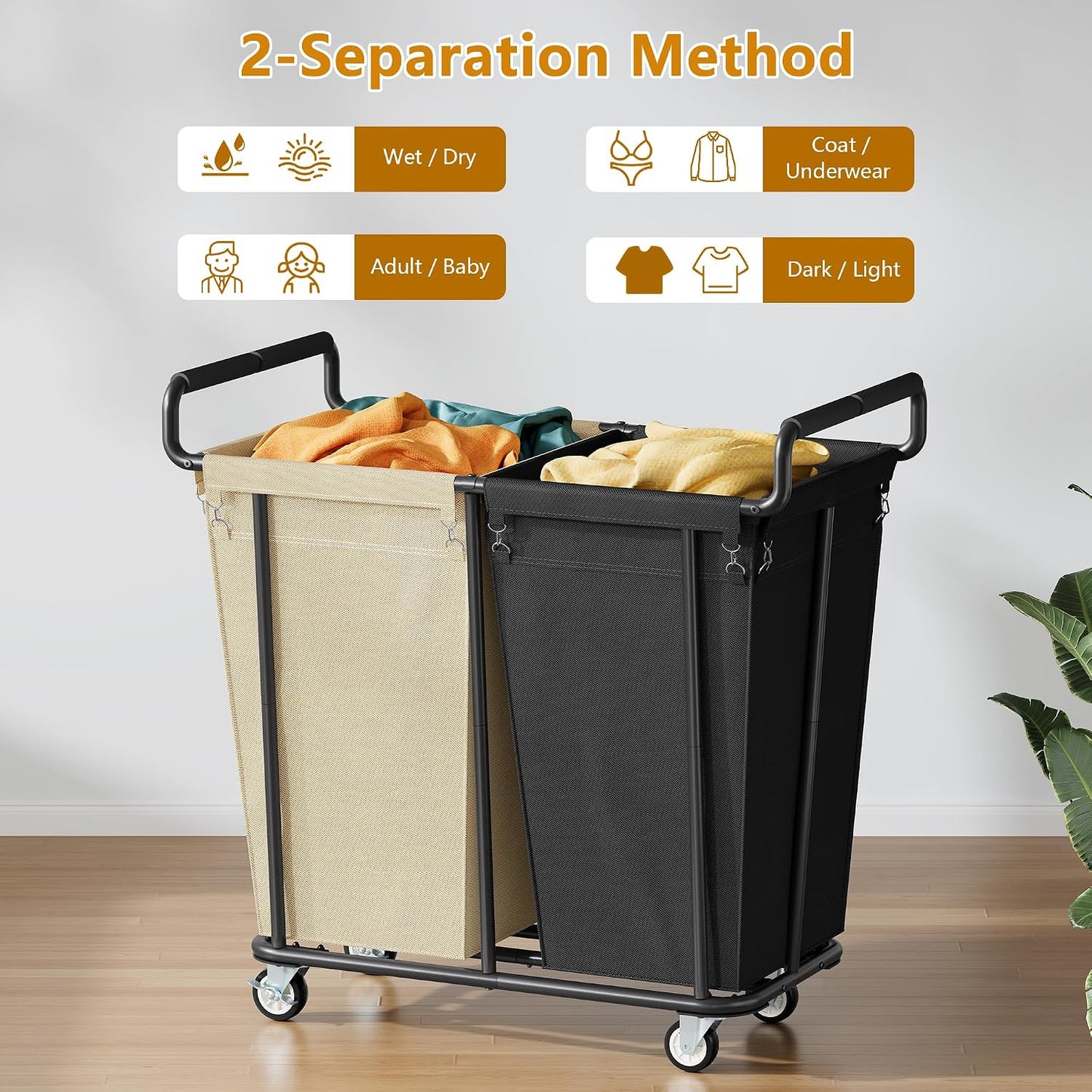 Gewudraw Large laundry hamper with Wheels, 3 Bag Big Rolling Laundry Hamper Sorter Cart, Extra Large Laundry Clothes Hamper, Heavy Duty Laundry Basket Organizer for Laundry Room,Bathroom,Black