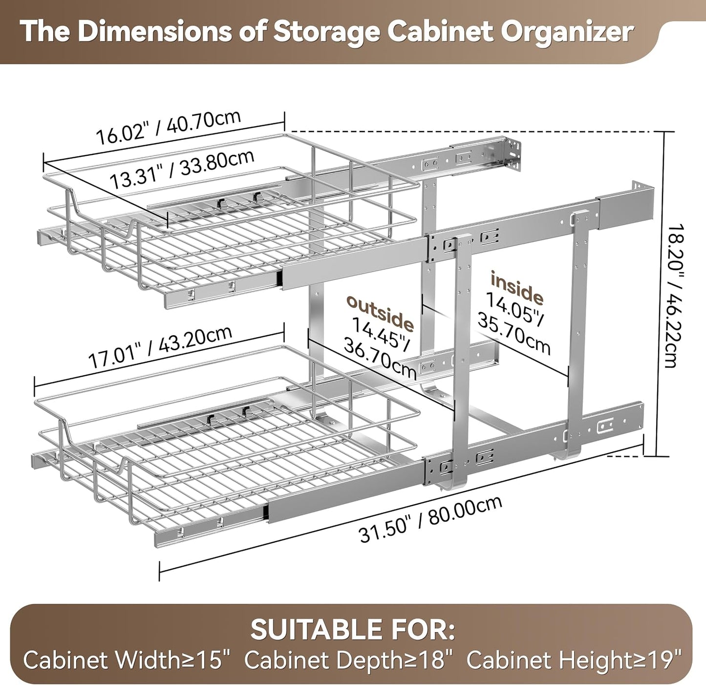2 Tier Pull Out Cabinet Organizer 11" W X 22" D, Slide Out Drawers For Kitchen Cabinets, Pull Out Drawers For Cabinets Capacity Heavy Duty Caddy, Cabinet Pullout Shelves Chrome-Plated, Bathroom Pantry